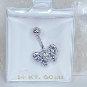 New 14K White Gold Genuine Sapphire & Diamond Butterfly Navel Belly Button Ring
